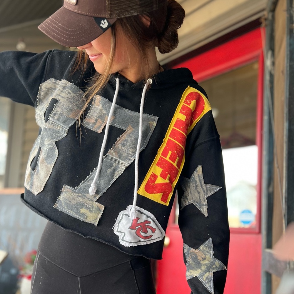 Chiefs Patchwork Black Hoodie Sweatshirt with Camo Denim 87 Kelce (Small)